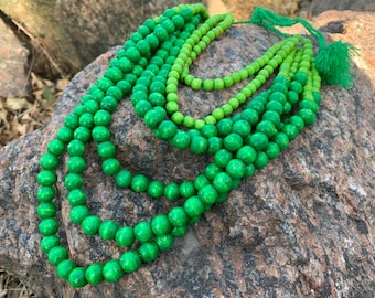 Green Multi-Strand Wood Bead Necklace, Large Statement Wooden Necklace for Women, Chunky Bold Big Bead Jewelry