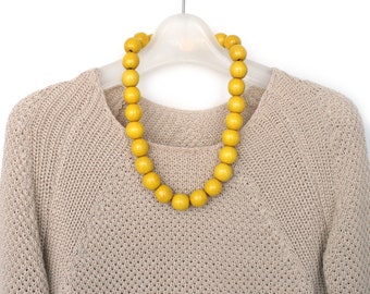 Yellow Wood Beaded Necklace: Chunky Boho Jewelry