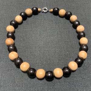 Chunky wood bead necklace for men or women, large  black beige bohemian necklace, simple natural rustic handmade jewelry