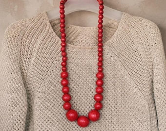 Red Wood Bead Necklace - Graduated Scarlet Wooden Traditional Folk Style Beaded Jewelry
