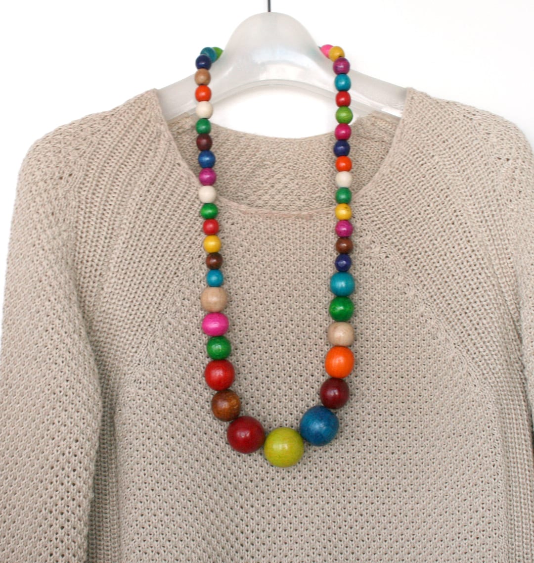 Colorful Long Beaded Necklace For Women Chunky Wooden Bead Necklace