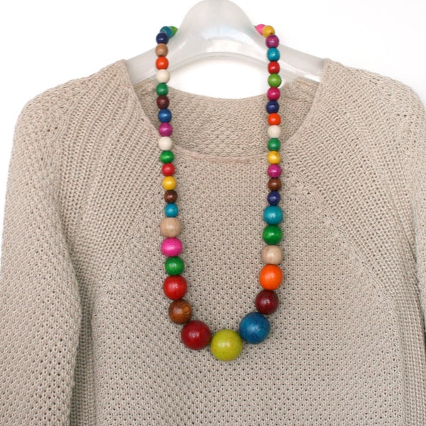 Colorful long beaded necklace for women, chunky wooden bead necklace, statement rainbow wood necklace, large multicolor bead necklace