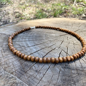 Small wood bead necklace for women or men, tiny natural choker necklace under 10, boho wooden layered necklace with clasp, handmade jewelry image 3