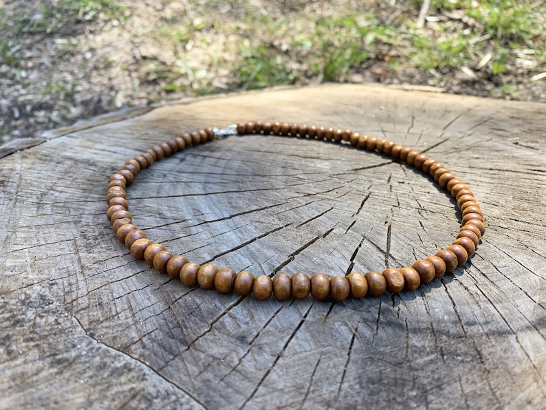 Small wood bead necklace for women or men, tiny natural choker necklace under 10, boho wooden layered necklace with clasp, handmade jewelry image 3