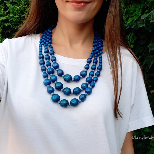 Blue wood bead necklace for women, statement wooden multi layer necklace, chunky navy blue necklace, eco friendly handmade jewelry