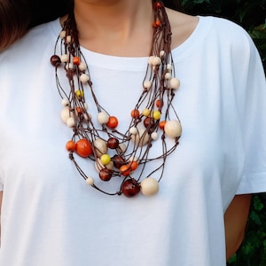 Layered wooden necklace for women, boho statement wood bead necklace, chunky brown multi layer necklace, natural wood bib necklace