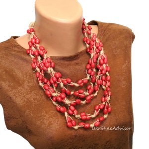 Red wooden necklace for women, Handmade Wood Beaded Necklace with Jute Cord, Chunky Multistrand Bib Necklace