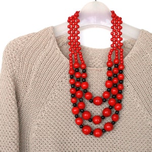 Red and Black Ethnic Wooden Beaded Necklace from Ukraine, Chunky Multistrand Statement Necklace for Women, Nature-inspired Artisan jewelry