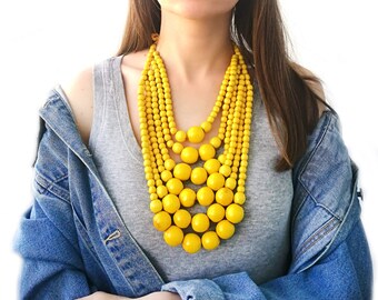 bib necklace online Boho Statement Wood Bead Necklace, Long Handmade Yellow Multi-Strand Bib Necklace for Women, Chunky Beads and a Unique Layered Design