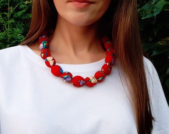 Beaded Fabric Necklace for women, fabric covered necklace, chunky wood bead necklace, textile choker necklace, cloth jewelry unique gift