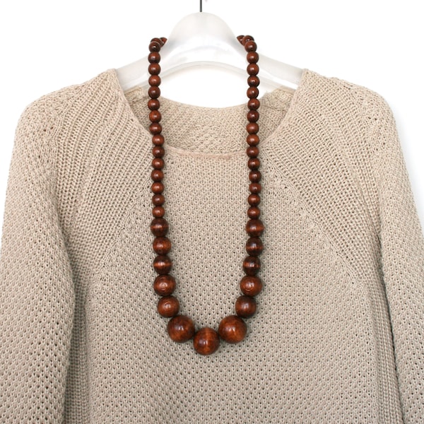 Collar largo de cuentas de madera, collar grueso de cuentas marrones para mujer, collar grande de cuentas de madera estilo boho, joyería boho tribal natural