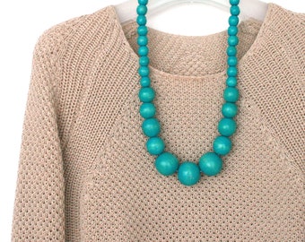 Chunky wood bead necklace for women, simple wooden statement jewelry, teal large bead necklace