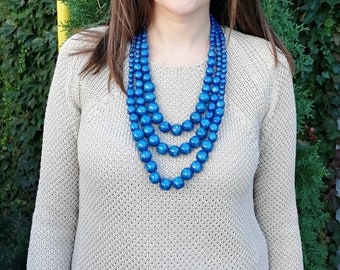 Blue Chunky Wooden Bead Necklace for Women, Eco-Friendly Natural Multistrand Statement Jewelry