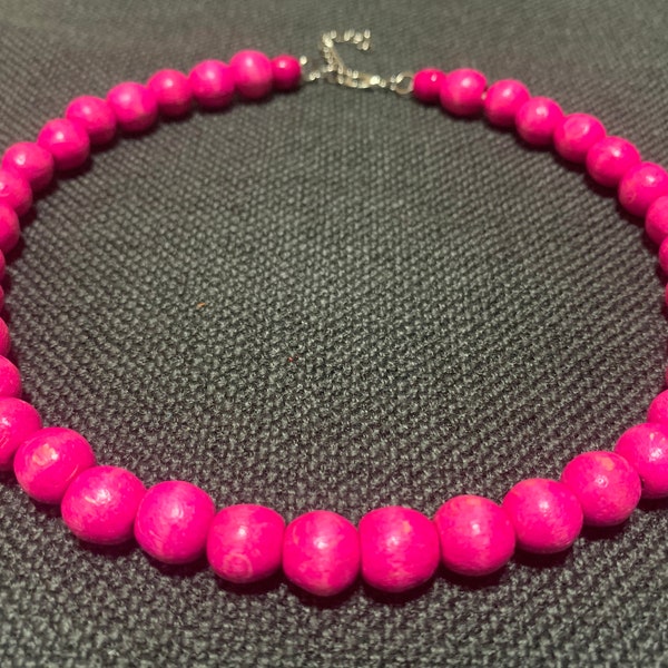 Pink wood bead necklace, short chunky choker necklace, hot pink beaded necklace 16 inches