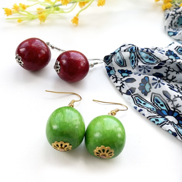 Wooden bead earrings for Women, handmade simple colored earrings, boho wood single bead earrings, natural bright jewelry