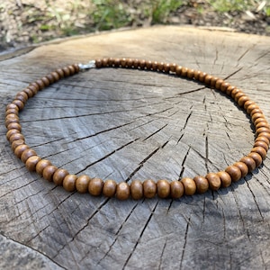 Small wood bead necklace for women or men, tiny natural choker necklace under 10, boho wooden layered necklace with clasp, handmade jewelry image 5