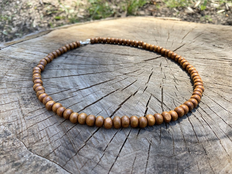 Small wood bead necklace for women or men, tiny natural choker necklace under 10, boho wooden layered necklace with clasp, handmade jewelry image 5