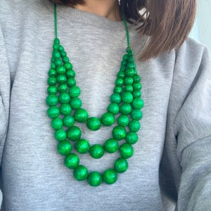 Handmade Green Layered Wooden Bead Necklace - Perfect for a Bohemian Summer Look