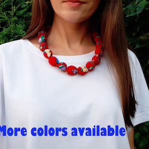 Beaded Fabric Necklace for women, fabric covered necklace, chunky wood bead necklace, textile choker necklace, cloth jewelry unique gift