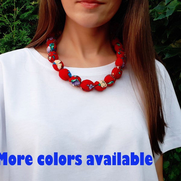 Beaded Fabric Necklace for women, fabric covered necklace, chunky wood bead necklace, textile choker necklace, cloth jewelry unique gift