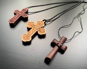 Orthodox Wooden Cross Necklace - Slavic Pendant for Men or Women - Christian Religious Wood Cross Pendant