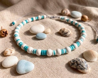 White Teal Heishi Bead Choker - Mediterranean Style Summer Necklace, Matte White Wooden Bead Collar, Adjustable Coastal Jewelry