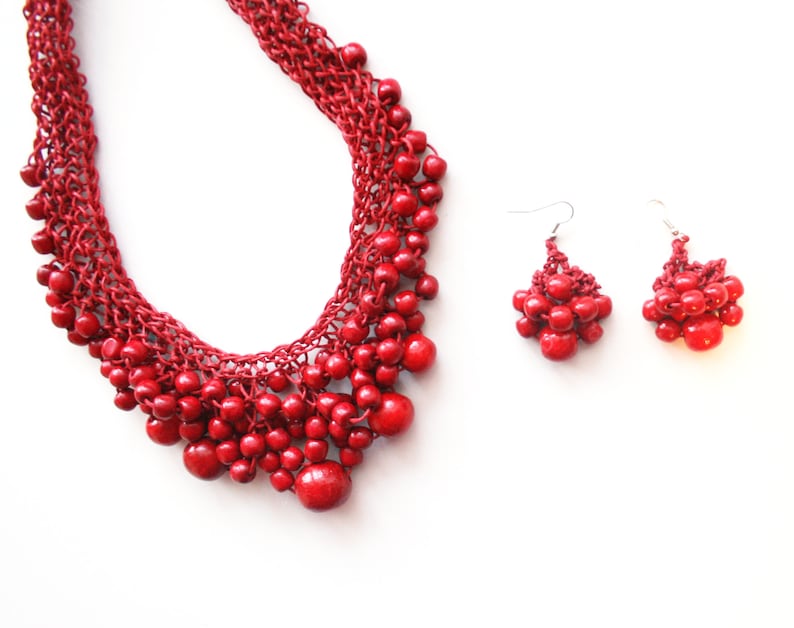 chunky statement necklace Wooden jewelry set red ecklace