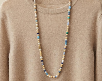 Light long random beads necklace for women or men, Boho wood necklace, simple handmade hippie bohemian necklace