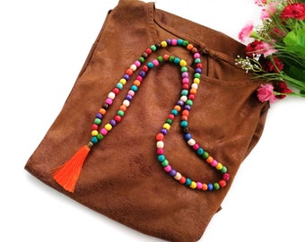 Multicolor beaded tassle necklace, wood bead necklace with tassel, womans long multicolored beaded necklace, colorful wooden bead necklace