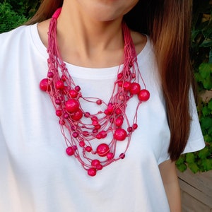 Hot pink beaded necklace for women, chunky fuchsia wood bead necklace, statement wooden multi layer necklaces, layered boho magenta necklace