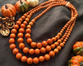 Wood Bead Necklace, Handmade Chunky Orange Statement Necklace with Multi-Layered Wooden Beads, Elastic Unique Artisan Jewelry