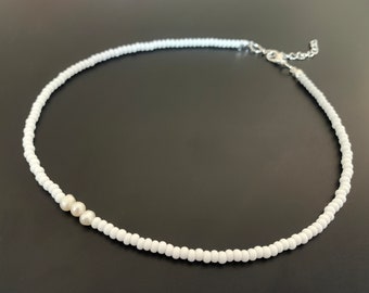 White Seed Beaded Choker with Freshwater Pearls - Minimalistic Tiny simple Necklace from Czech beads