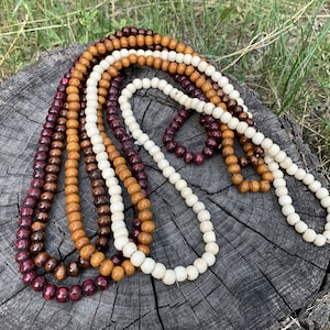 Handmade Long Wooden Bead Necklace - Ethnic Boho Hippy Accessory for Men and Women in Ivory, Brown and Burgundy