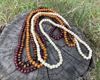 Handmade Long Wooden Bead Necklace - Ethnic Boho Hippy Accessory for Men and Women in Ivory, Brown and Burgundy