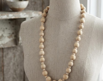 Long wood bead necklace for women or men, tribal simple bohemian handmade metal free jewelry, statement chunky wooden necklace