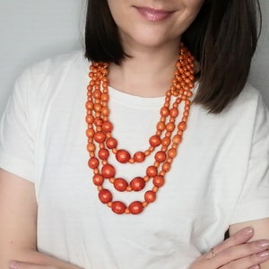 Orange wood bead necklace for women, chunky statement wooden multi layer necklace, eco friendly handmade jewelry