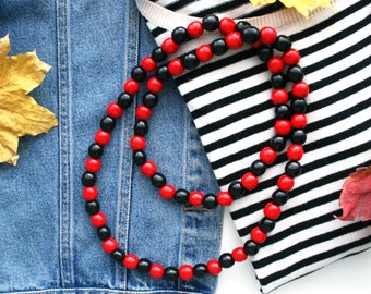 Red black long wooden bead necklace, natural handmade wood chunky necklace for women
