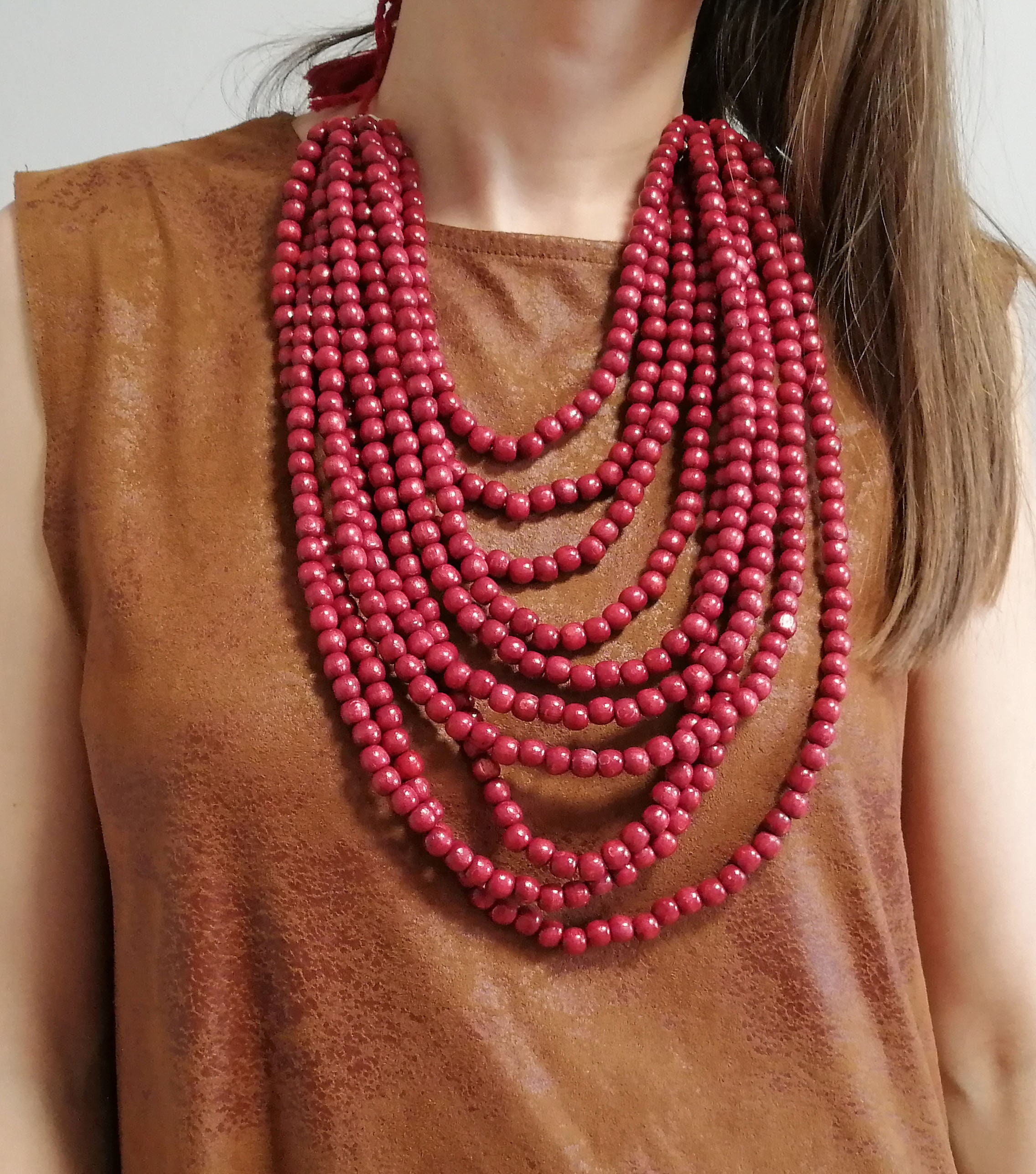 Burgundy beaded multi strand necklace big chunky wooden beads Etsy