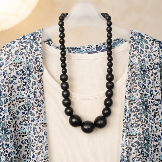 Black Chunky Necklace for Women - Handmade Wood Bead Necklace, Wooden Big Bead Statement Necklace