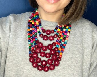 Burgundy beaded necklace for women, statement multistrand necklace, wooden bead necklace, bead necklace woman handmade, chunky wood necklace