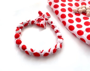 Red Polka Dots Cotton Fabric Covered Bead Necklace - Handmade Wood Bead Necklace - Ecofriendly Fall Women's Jewelry