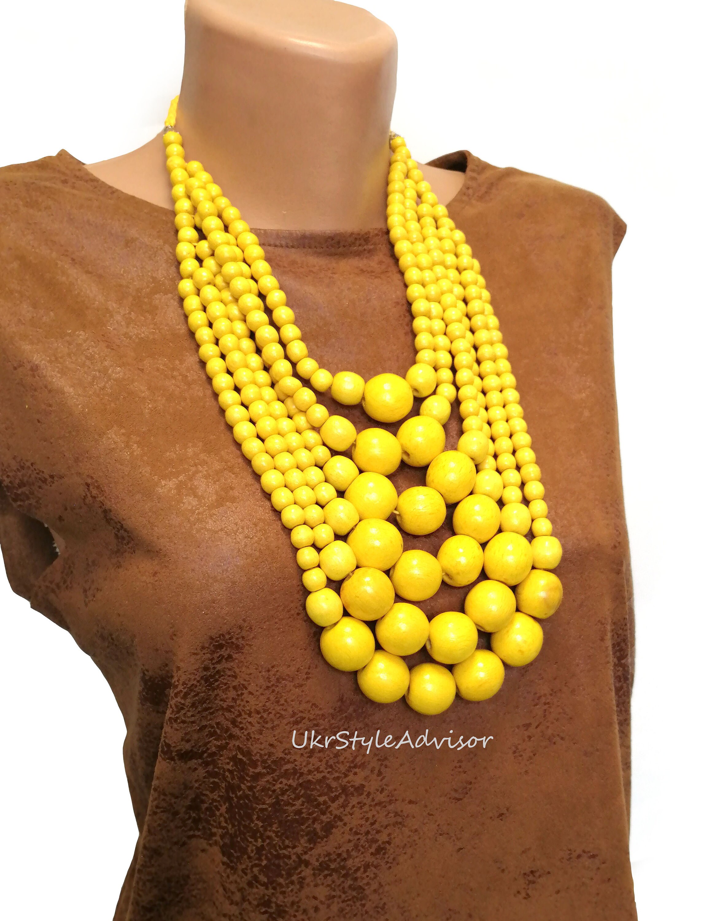 Big yellow bead necklace wood necklace for woman yellow Etsy