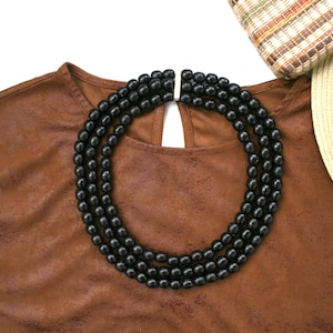 Black Bead Necklace - Wood Bead Chunky Multi-Layer Necklace for Women, Handmade Statement Jewelry, Ukrainian Layered Necklace