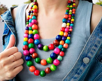 Rainbow Wood Bead Multi-strand Necklace - Chunky Colorful Statement Jewelry, Triple Strand Wooden Layer Necklace, No Clasp