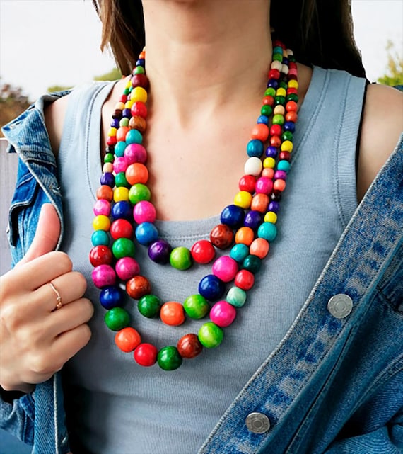 Rainbow Wood Bead Multi-strand Necklace - Chunky Colorful Statement Jewelry, Triple Strand Wooden Layer Necklace, No Clasp
