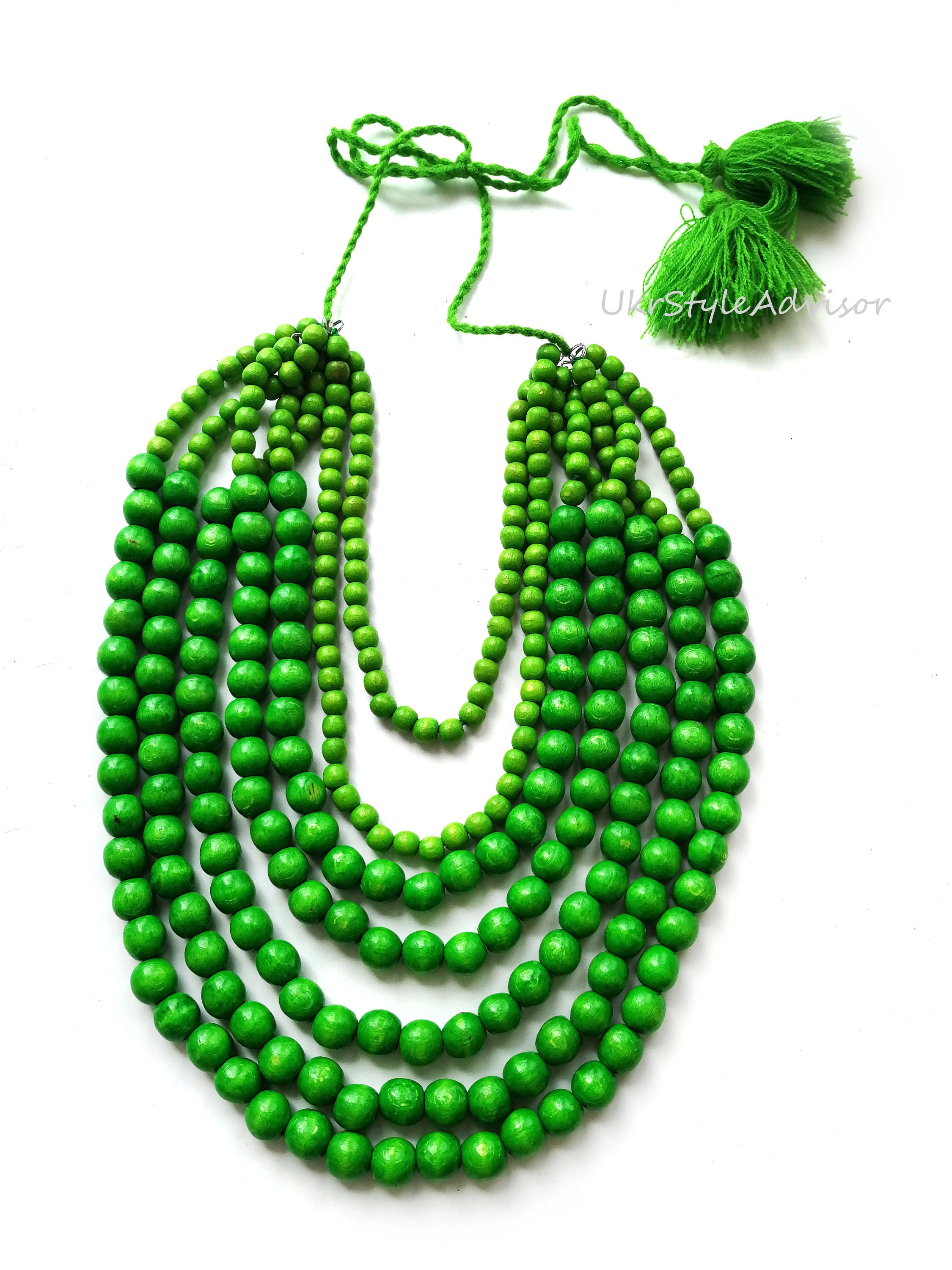 Green Statement Necklace Large Long Wooden Bead Necklace Etsy