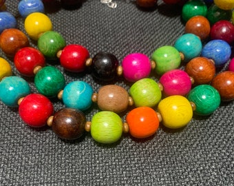 Boho Rainbow Choker Necklace 16", Colorful Chunky Wooden Bead Necklace with Multicolor Beads for Women, Modern bohemian style