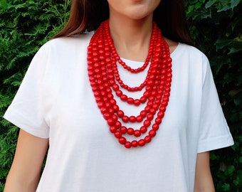 Multi layer red beaded necklace, large long wood bead necklace, statement ethnic multi layered necklace, Vyshyvanka Accessory Namisto