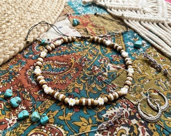 Hippie Wooden Bead Choker – Cute Flower & Fruit Beads – Adjustable Boho Necklace – Metal Free Jewelry for Women and Teens