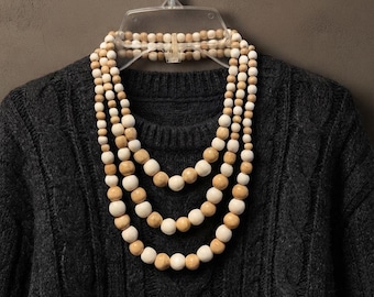 Multi strand wood necklace, triple row wooden bead statement, stretch beaded choker, natural beige wood jewelry